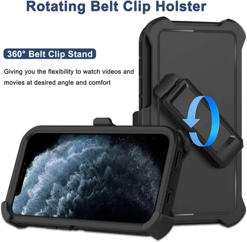 Vista 2 de Funda para iPhone 11 Pro Max con funda de clip para cinturón, 2 protectores de pantalla, protección contra caídas de grado militar, cuerpo completo
