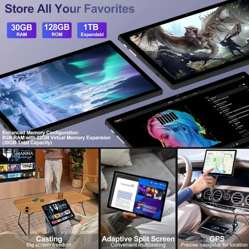 Vista 2 de Tablet Android 15 2025 con teclado Gemini AI, Tablets de electrónica de 30GB+128GB de ocho núcleos con pantalla IPS HD de 10 pulgadas, 8000mAh