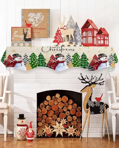 Vista 8 de Daleng Bufanda de repisa de camión de Navidad con muñeco de nieve para chimenea, 60 x 17 pulgadas, árbol de Navidad, copos de nieve, ciervos, verde