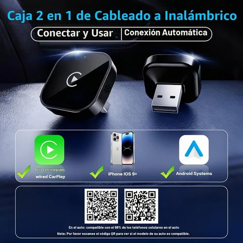 Vista 2 de Mini Adaptador Inalámbrico CarPlay para iPhone, 2 en 1 para Apple CarPlay y Adaptador Android Auto, Convierte de Cableado a Inalámbrico, Plug & Negro