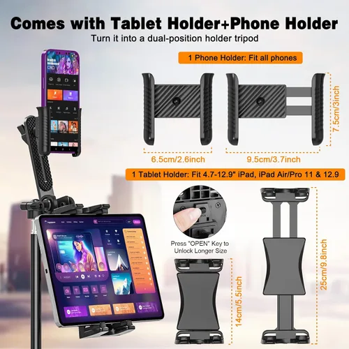 Vista 2 de Trípode BAISHUN para iPad y iPhone, trípode giratorio ajustable para tableta