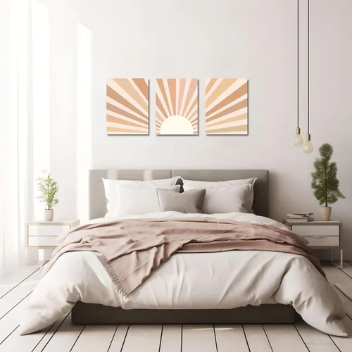 Vista 3 de YokiMino Juego de 3 arte bohemio para pared, lienzo enmarcado moderno de mediados de siglo, diseño de líneas geométricas de naturaleza para sala