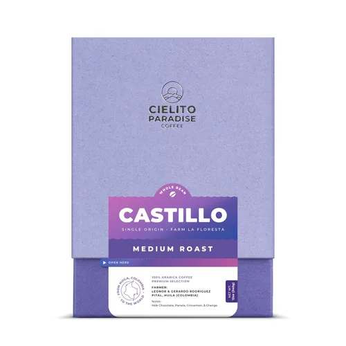 Vista 2 de Cielito Paradise Castillo Café – Grano entero de tostado medio de Huila Colombia, sedoso con chocolate con leche, panela, canela y naranja, 12 onzas