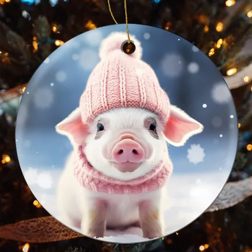 Vista 4 de Adorno de animales de granja, cerdo, adornos para árbol de Navidad, animales de granja para niños y niñas, decoración redonda de cerámica