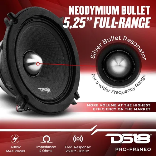 Vista 2 de DS18 PRO-FR5NEO - Altavoz de 5.25 pulgadas, rango completo, bala de aluminio plateado, 400 W máximo, 200 W RMS, 4 ohmios, imán de neodimio
