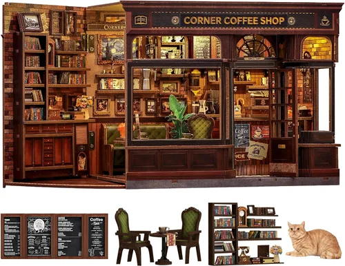 Vista 11 de Fsolis - Kit de rincón de libros - Kit de escena en miniatura DIY para adultos, rompecabezas de madera 3D, mini casa, mini manualidades, estantería