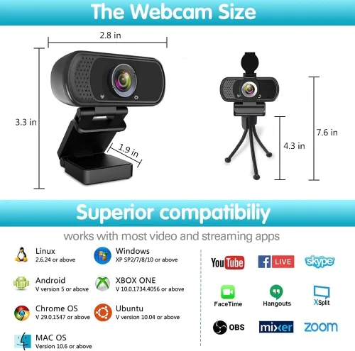 Vista 3 de Webcam HD 1080p, cámara HD para transmisión en vivo con micrófono estéreo, cámara web USB para PC de escritorio o portátil con ángulo de visión