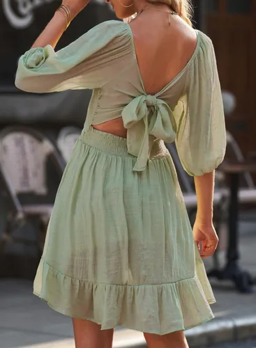 Vista 2 de Dokotoo Vestidos de verano para mujer, cuello cuadrado, lazo en la espalda, manga farol, volantes, vestido casual acampanado