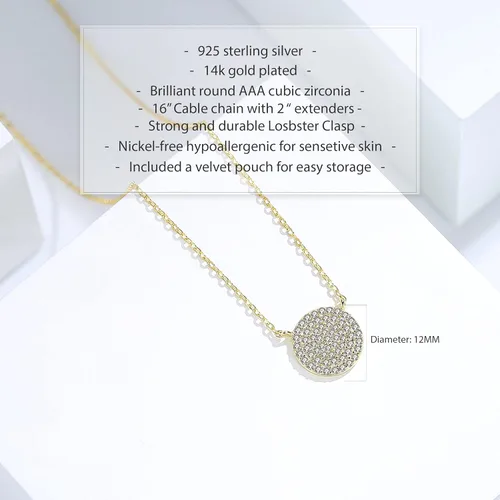 Vista 4 de Collar con colgante redondo de disco pavé de plata de ley 925 con circonita cúbica de 18 pulgadas Dorado
