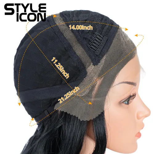 Vista 6 de Style Icon - Peluca de encaje frontal negra con parte libre, estilo U, de 24" de largo, ondulada con flequillo, sintética, resistente a altas 1