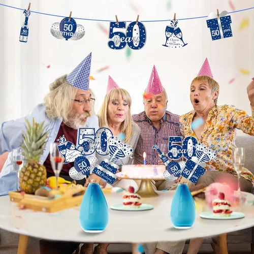 Vista 5 de 24 piezas de decoración de mesa de cumpleaños de 50 años, color azul y plateado, incluye 24 patrones de cartón, palos y puntos adhesivos, perfecto
