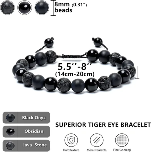 Vista 20 de SAMXY Triple Protection Bracelet, 8mm Healing Crystal Bead Bracelet, 3pcs Blue Red Tiger's Eye Obsidian Hematite Bracelet Women Men