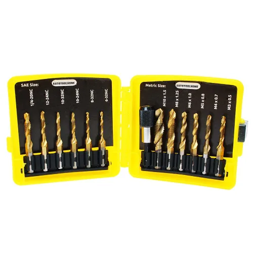 Vista 8 de Juego de brocas combinadas de titanio, 13 piezas, SAE y métricas, kit de brocas para roscas de tornillo, roscado, desbarbado, avellanado