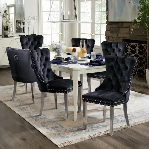 Vista 13 de Juego de 2 sillas de comedor de terciopelo con patas de madera, color beige Mid Century Modern Dining Chairs,Upholstered Chairs with Nailhead