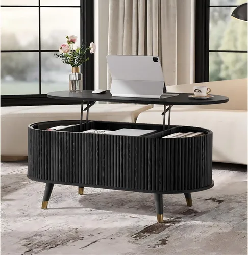 Vista 7 de SULIVES Mesa auxiliar ovalada con almacenamiento, mesa de centro multifuncional con tambor elevable, pequeña mesa central acanalada para sala