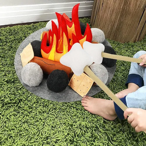 Vista 7 de 23 piezas de juguetes de fogata de simulación, juego de fogata de felpa y fieltro para niños, juguetes seguros de fuego falso, madera y piedras