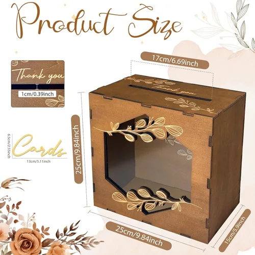 Vista 3 de Caja de tarjetas de boda marrón OurWarm con ventana de acrílico, caja de tarjetas de regalo de madera para decoraciones de recepción de boda, caja