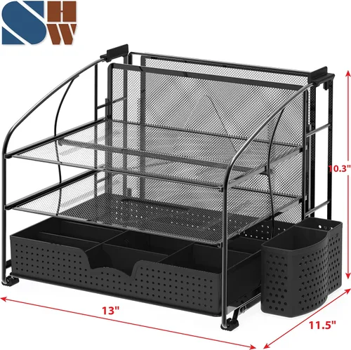 Vista 3 de Simple Houseware - Organizador de escritorio de 3 niveles con cajón deslizante, soporte para archivos colgantes y accesorio para porta lapices, Negro