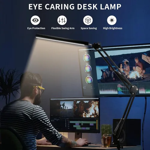 Vista 5 de Lámpara de escritorio LED con abrazadera, luz de escritorio con abrazadera, lámpara de brazo oscilante incluye 3 modos de color y 10 brillo