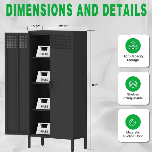 Vista 68 de Gabinete de almacenamiento de metal ancho negro, gabinete de acento de 2 puertas para el hogar y la oficina, gabinete de metal bajo de 2 niveles