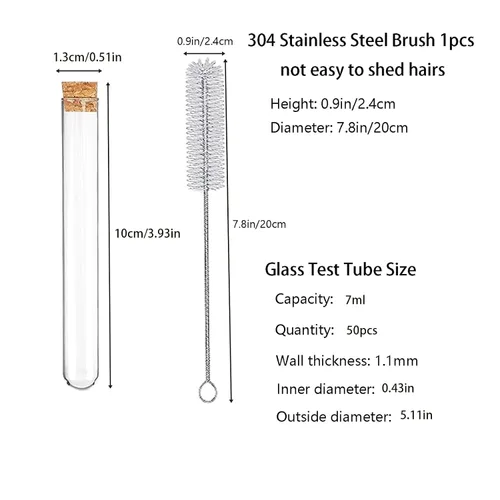 Vista 2 de 50 tubos de ensayo de vidrio transparente de 0.5 fl oz (0.512 x 3.937 in) con tapones de corcho y 1 estante de tubos de plástico de 50 agujeros