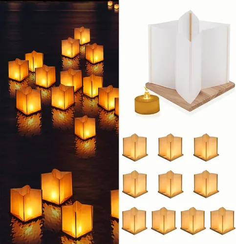 Vista 7 de Paquete de 10 Linternas Flotantes en Forma de Estrella de 6" con Juegos de Base de Madera Impermeables, Linternas de Agua de Papel Decorativas