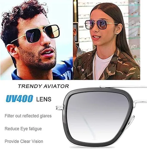 Vista 7 de Tony Stark - Gafas de sol estilo aviador retro, montura cuadrada de metal (Tony Stark del mismo color y Spiderman del mismo color), Tony Stark mismo