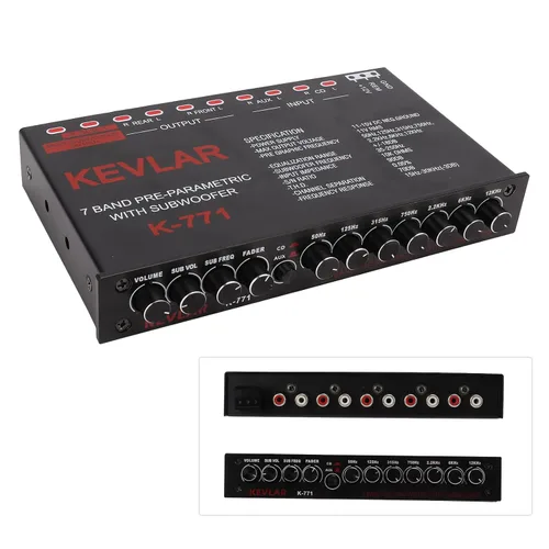 Vista 2 de Ecualizador gráfico de audio para automóvil de 7 bandas con filtro de paso bajo, entradas de alto nivel, salidas sub delanteras y traseras