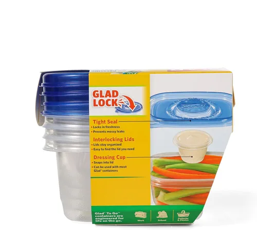 Vista 4 de Glad GladWare To Go - Recipientes de almacenamiento de alimentos con tapas, rectángulo mediano sin BPA con vaso de aderezo integrado para ensaladas