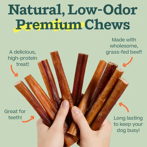 Vista 5 de WOOF Bully Sticks Golosinas para Perros - Palitos Masticables para Perros - Golosinas Masticables para Perros de Larga Duración - Hechos con Carne
