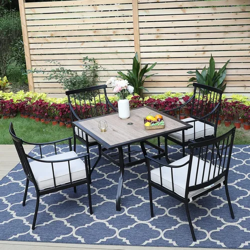 Vista 8 de MFSTUDIO Juego de comedor de 5 piezas de metal para patio, juego de muebles para exteriores con 1 mesa cuadrada de madera y 6 sillas de respaldo