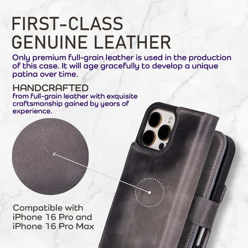 Vista 95 de Bayelon Funda tipo cartera para iPhone 15 Pro, cartera de cuero de grano completo, funda magnética desmontable, tarjetero, funda tipo cartera