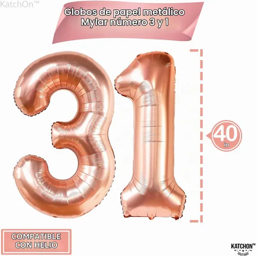 Vista 2 de Katchon, Globo de oro rosa con el número 31 de 40 pulgadas, decoraciones de Globos del número 31, globos del número 3 y 1 con 5 globos de látex