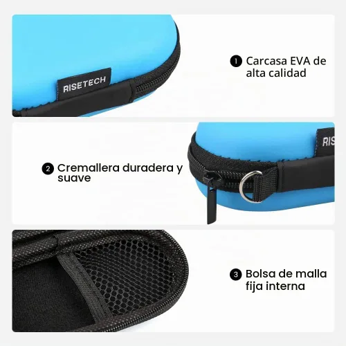 Vista 4 de Funda para auriculares, RISETECH Estuche de transporte para auriculares EVA con cremallera, bolsa de almacenamiento para auriculares, pequeña Azul