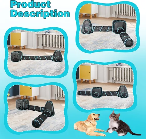 Vista 7 de Recintos portátiles para gatos de 9.45 pies para exteriores, casa de juegos para gatos, tienda de campaña desplegable para gatos con túneles dobles