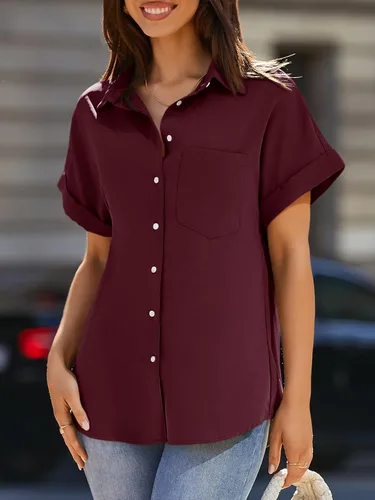 Vista 2 de Beautife - Camisa de manga corta para mujer, con cuello en V, botones y bolsillos