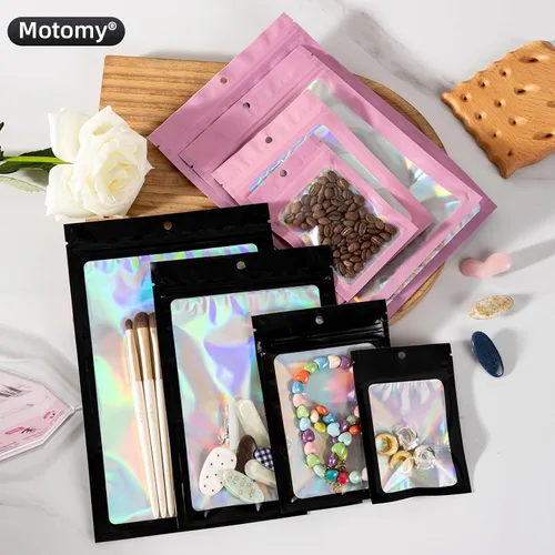 Vista 4 de 50 bolsas holográficas negras de Mylar de 5.5 x 7.8 pulgadas, bolsas con cremallera de aluminio resellables para gomitas, recuerdos de fiesta