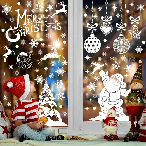 Vista 3 de 236 adhesivos de Navidad para ventana, 9 hojas de calcomanías de doble cara con copos de nieve, calcomanías de decoración navideña de muñeco