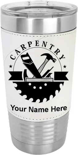 Vista 8 de LaserGram Vaso aislado al vacío de 20 onzas, carpintería, grabado personalizado incluido (piel sintética, estilo béisbol) Engraved Gift for