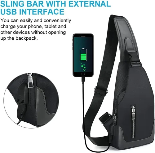 Vista 2 de Aucuu Mochila bandolera con puerto de carga USB, bolsa de pecho cruzada para hombres, senderismo, ciclismo, viajes, color negro, Negro -, Mochila
