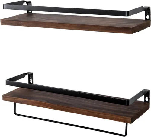 Vista 7 de Estantes flotantes para pared, estantes de baño con toallero, estantes de almacenamiento montados en la pared para cocina, baño, juego de 2 Marrón