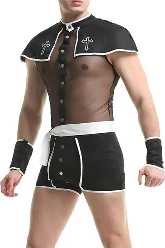 Vista 3 de Nzwiluns Conjunto de lencería sexy para hombre, disfraz de vaquero para cosplay, traje de lencería transparente para juegos sexuales y traviesos