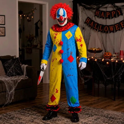 Vista 3 de Disfraz de payaso aterrador para adulto, 4 piezas, overol asesino máscara Multicolor
