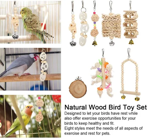 Vista 8 de Juego de juguetes de loros de pájaros, madera natural, escalada de pájaros, masticar, colgante, jaula, juguetes para mascotas, pájaros, ejercicio
