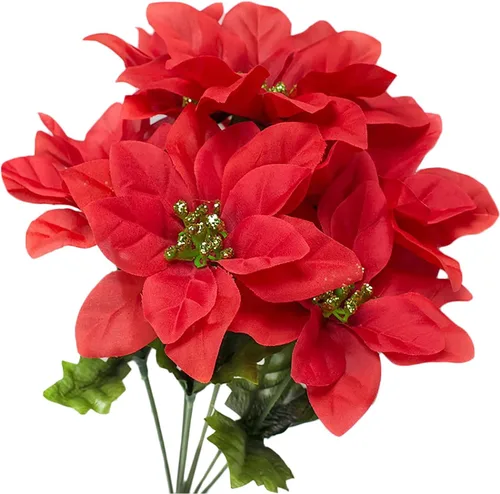 Vista 6 de Firlar Ramo de flor de pascua artificial de 4 piezas, 7 tallos cada uno, arbustos rojos para árbol de Navidad, decoración de jardín del hogar