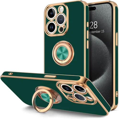 Vista 25 de Hython Funda para iPhone 15 con Soporte de Anillo, Soporte de Anillo Giratorio de 360° Soporte Magnético, Borde Chapado en Oro Rosa Cubierta Suave
