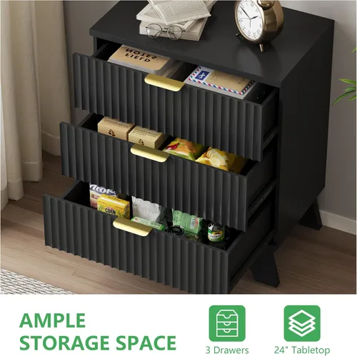 Vista 6 de Cómoda acanalada para dormitorio con 3 cajones, cómoda moderna de 24 pulgadas de ancho con mango de metal, soporte de TV de madera, armario de Negro