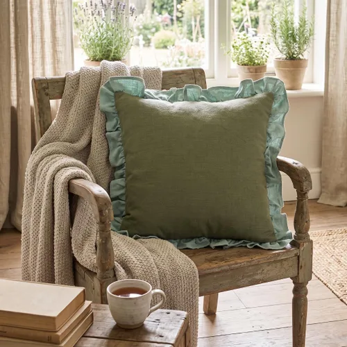 Vista 8 de patdrea - Juego de 2 fundas de cojín decorativas estilo shabby chic verdes, 18x18 pulgadas, fundas de cojín de lino rústico con volantes, funda