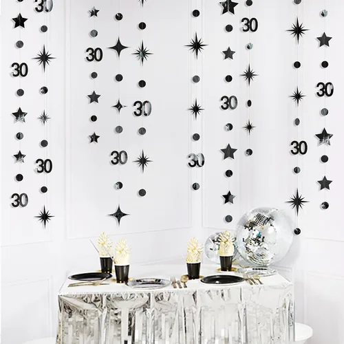 Vista 5 de Decoraciones negras de 30 cumpleaños número 30 círculo punto brillante guirnalda metálica colgante serpentina banderín banner telón de fondo