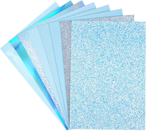 Vista 3 de 8 hojas de cuero sintético de 8 x 12 pulgadas, color azul cielo, purpurina fina y gruesa, textura de piel de patente de Litchi, estampado